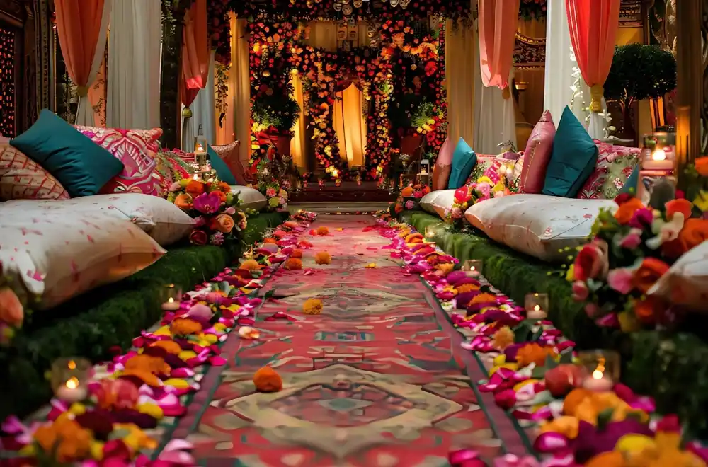 A wedding ceremony adorned with elegant pink and white drapes, creating a romantic and festive atmosphere for the occasion.
