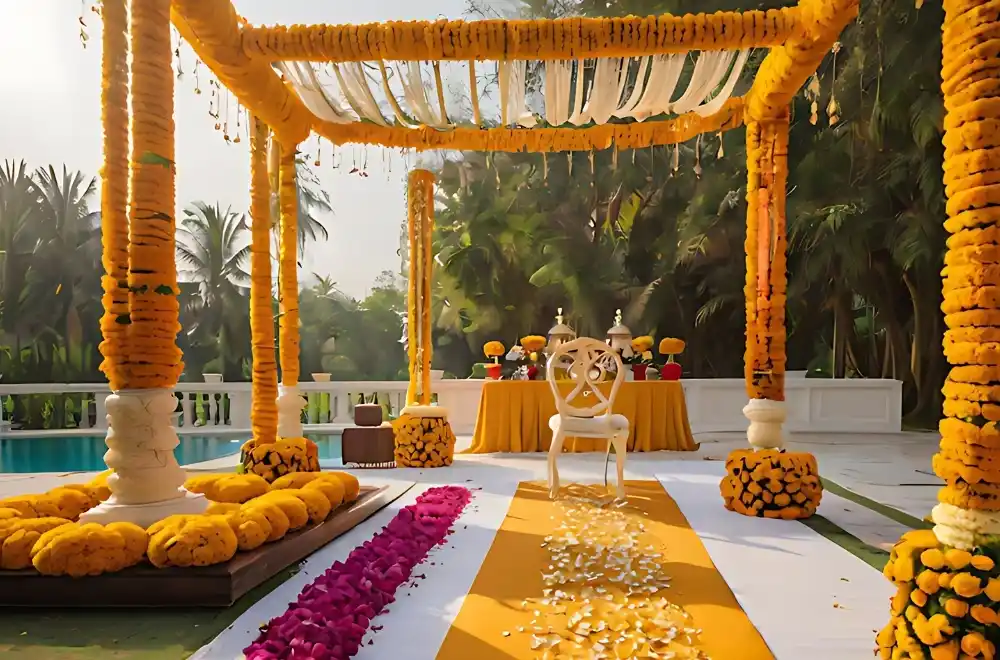 A spacious outdoor wedding reception featuring elegantly arranged tables and chairs under a clear blue sky.