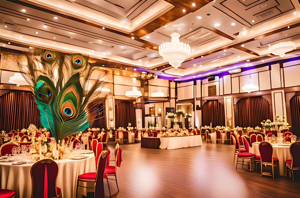A spacious outdoor wedding reception featuring elegantly arranged tables and chairs under a clear blue sky.