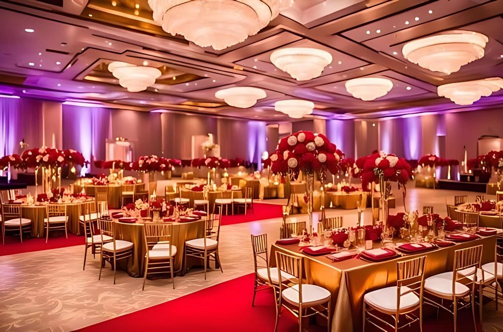 A wedding ceremony adorned with elegant pink and white drapes, creating a romantic and festive atmosphere for the occasion.