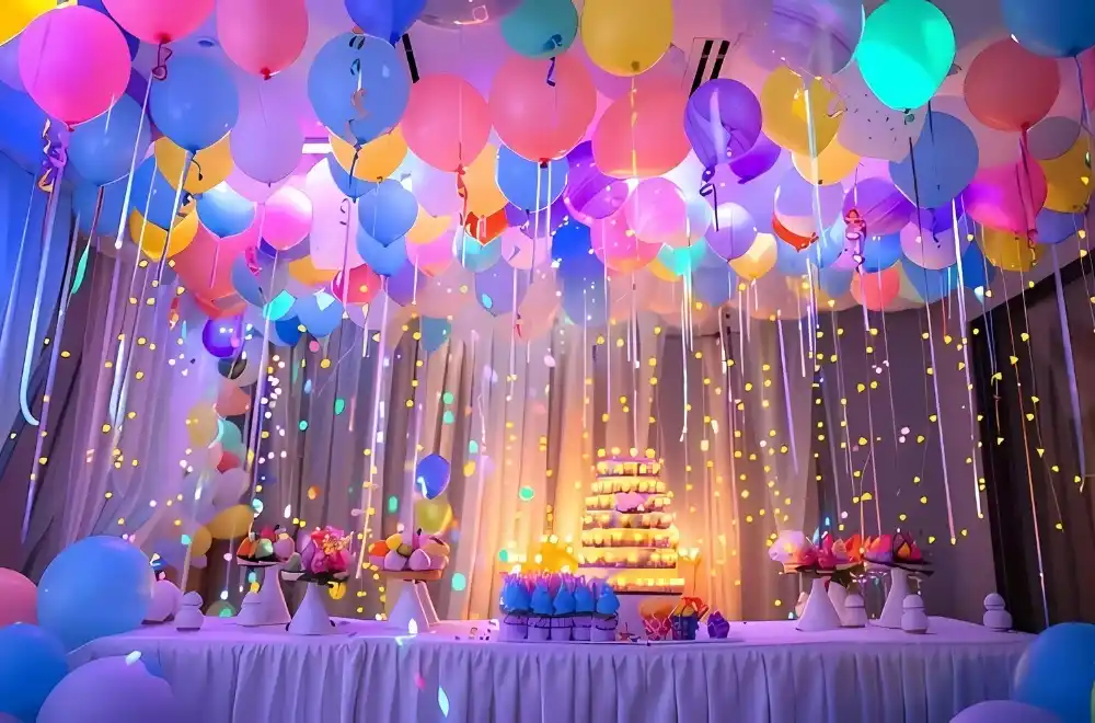 A celebratory cake adorned with candles, positioned before an enthusiastic crowd, ready for a festive occasion.