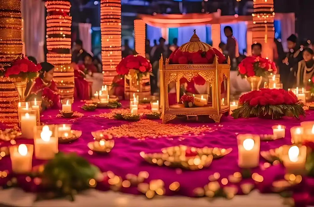 An elegant Indian wedding reception adorned with candles and vibrant flowers, creating a romantic and festive atmosphere.