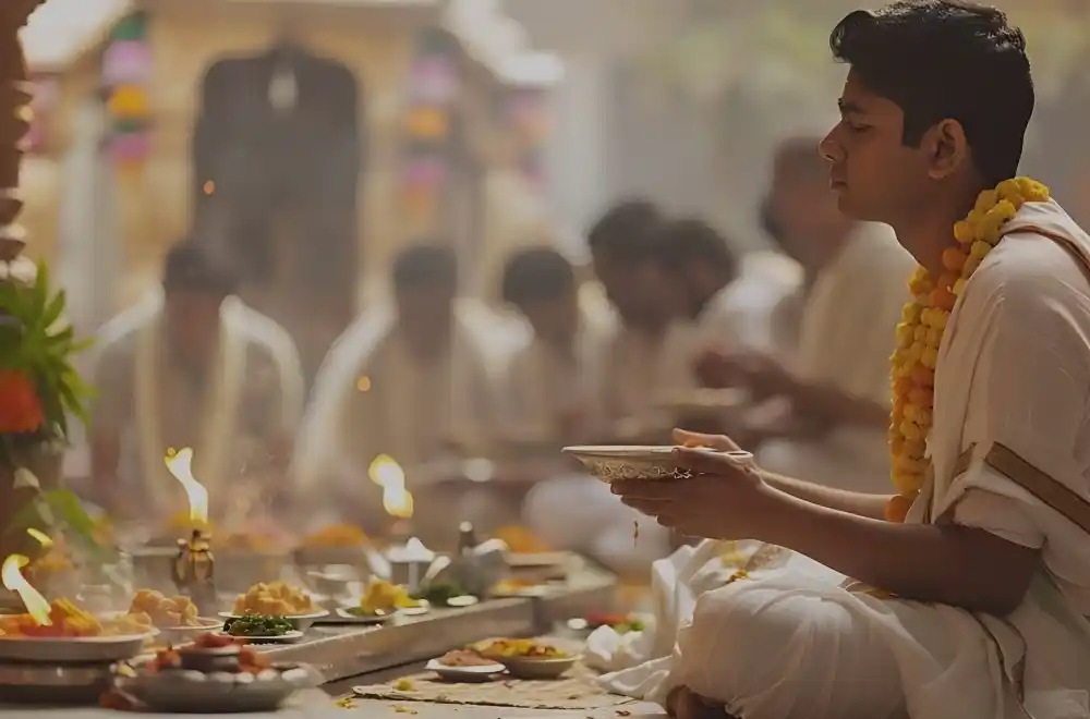 A man dressed in white sits at a table, surrounded by an array of delicious food items.