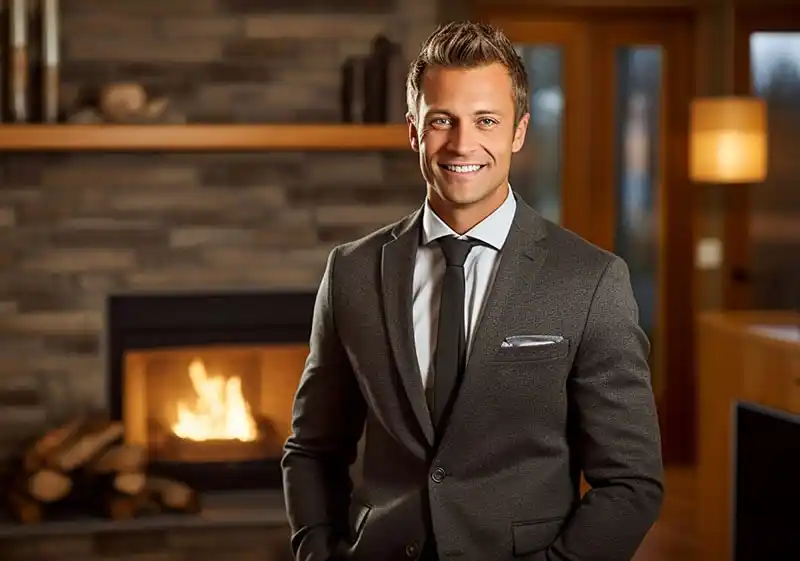 A man in a suit stands confidently in front of a classic fireplace, exuding professionalism and warmth.