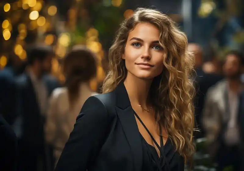 A beautiful woman in a black suit elegantly poses at a nighttime party, exuding confidence and sophistication.